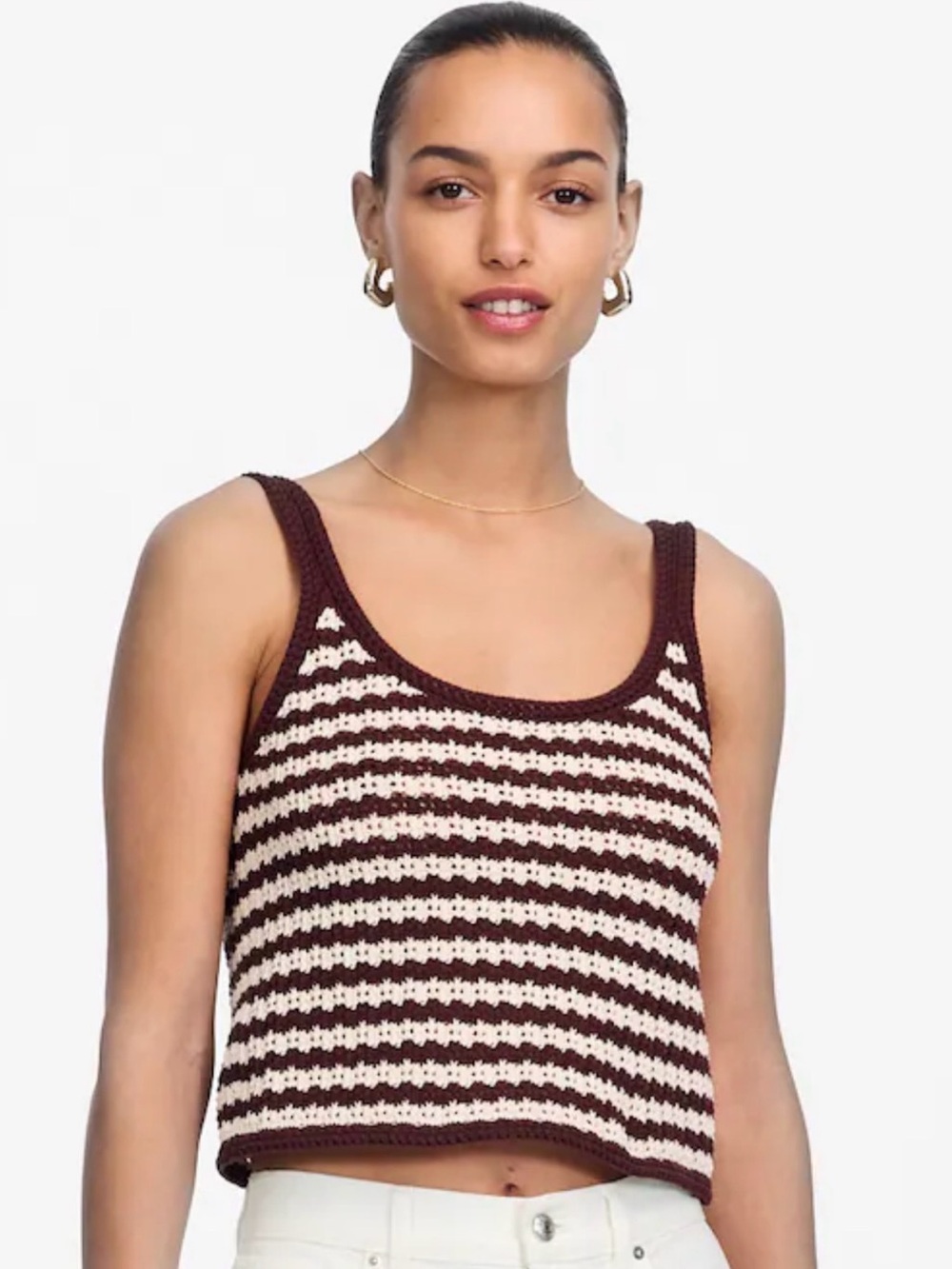 🤍 NWT Madewell 100% Cotton Tank Size XS Cream Brown Striped Open Weave